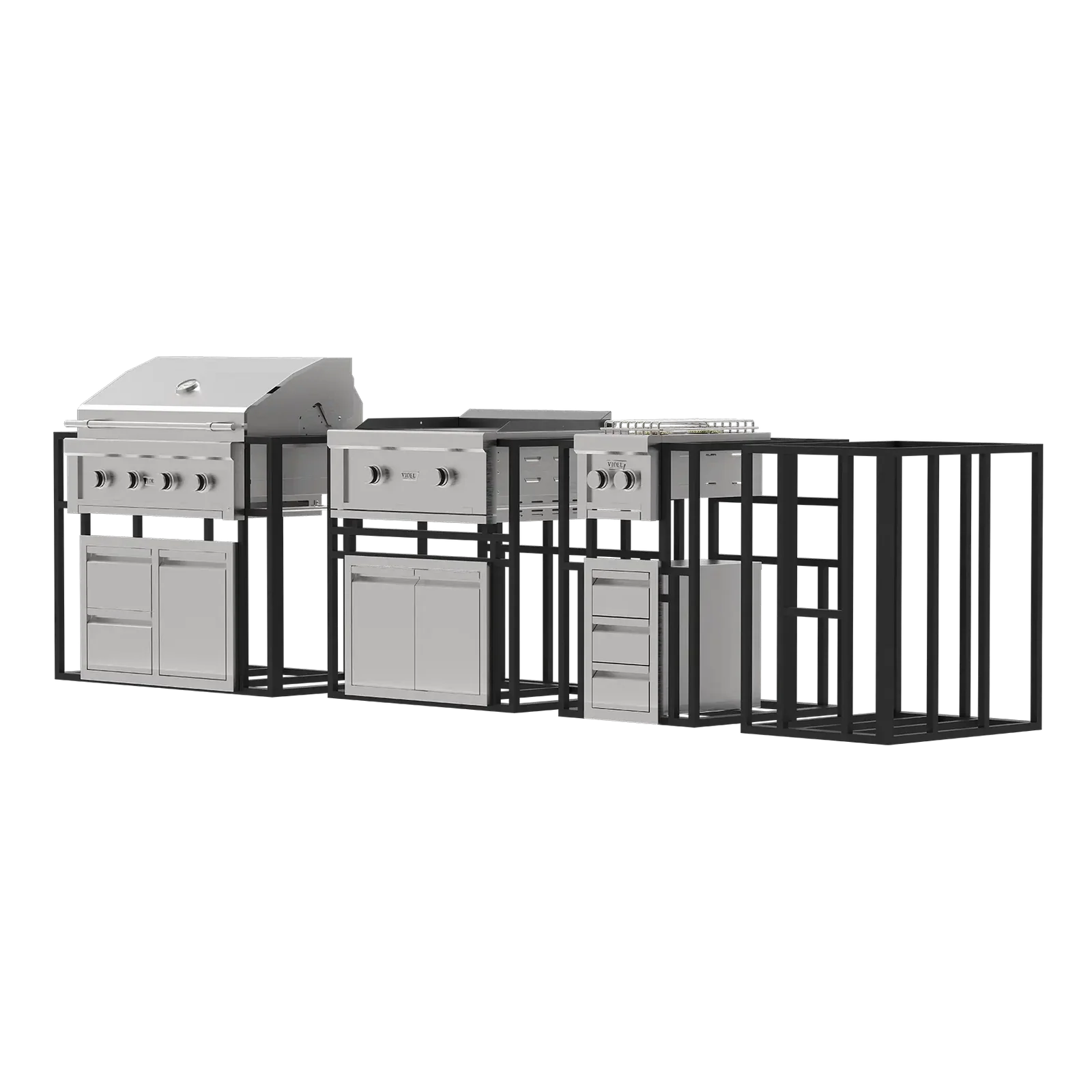 Outdoor kitchen grill and cabinets set on a white background