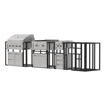 Outdoor kitchen grill and cabinets set on a white background