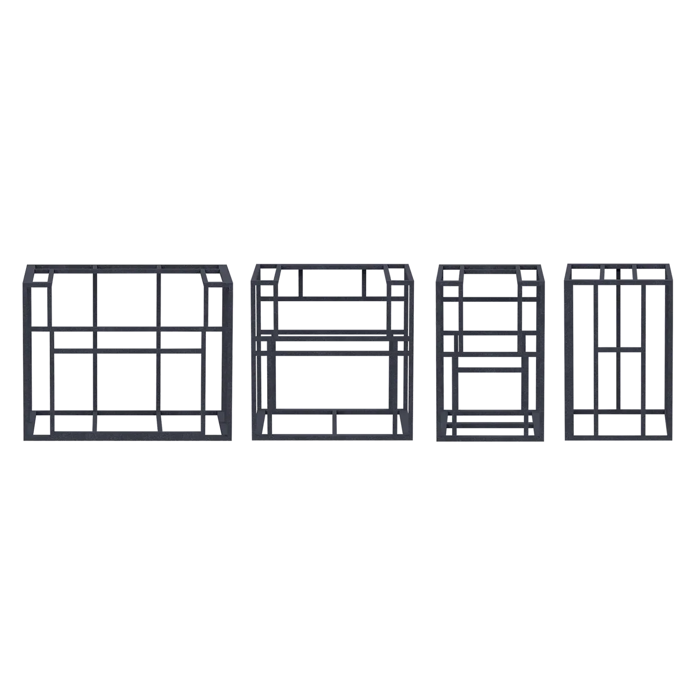 Set of four black metal wall shelves with grid patterns on a white background